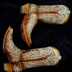 Women’s Cowboy Boots Turquoise Glitter Inlay Snip Toe Size 7.5